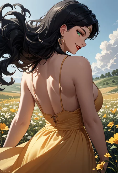 score_9, score_8_up, score_7_up, 1girl, <lora:sonia-fe7-pdxl-v2:0.8>, fe7snia, black hair, wavy hair, long hair, circlet, dangle earrings, red lips, (large breasts:1.6), smile, <lora:Zumi_Pony_XL_Artstyle:1>, contrapposto, from behind, solo, 1girl, looking back, yellow sundress, field, flowers, daytime, bare back, bedroom eyes, spaghetti strap