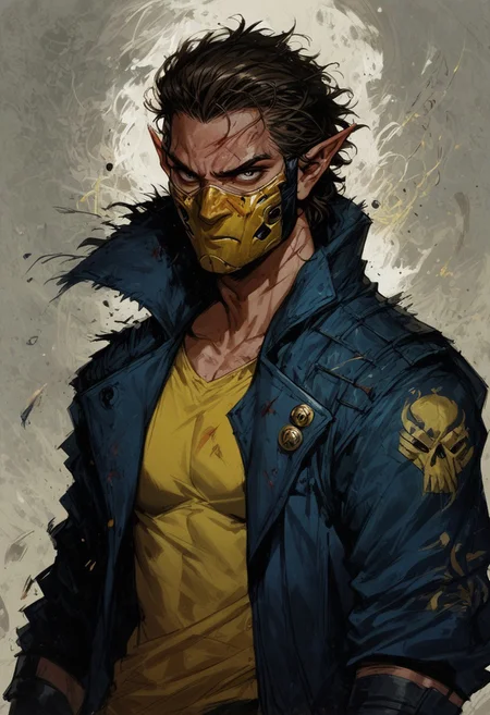 score_9, score_8_up, score_7_up, 1man, solo, 23 year old, serious, determined look, medium short hair, brown hair, wolverine haircut, shifter, dark blue jacket with yellow lines, hood mask, masked, yellow shirt, yellow mask with blue ears, pointy ears,blood, scars, slim body, easynegative