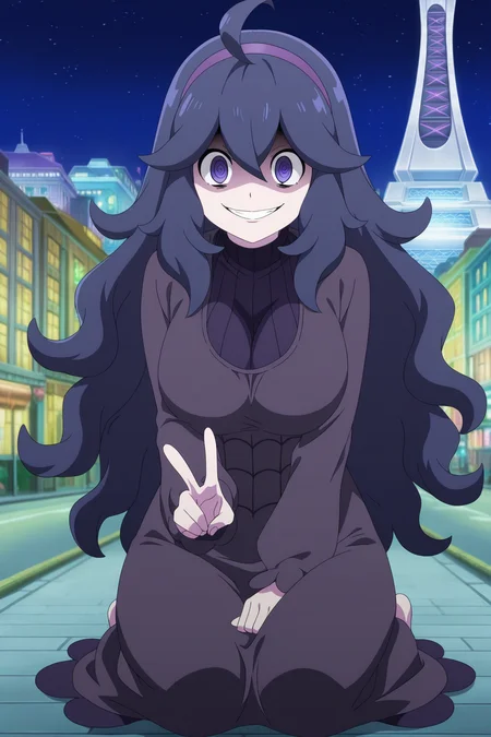 anime, animification, anime screencap, anime coloring, vivid colors, depth of field, high quality, highres, lumiose city, 1girl, hex maniac \(pokemon\), 1girl, solo, long hair, dress, breasts, purple hair, @_@, ahoge, smile, messy hair, purple eyes, large breasts, sitting, v, alternate breast size, hairband, sweater, looking at viewer, purple hairband, seiza, ribbed sweater, grin, sky, night, city lights, tower, prism tower, star \(sky\), building, scenery, city, road, street
<lora:Lumiose_city-10:1>