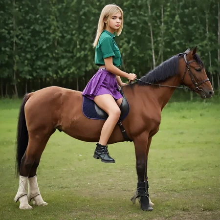 RiHorse, side_view++ (slim 25yo girl) riding a horse. The girl wears green short skirt and purple shirt. The girl has short blonde hair <lora:RideHorse:1>