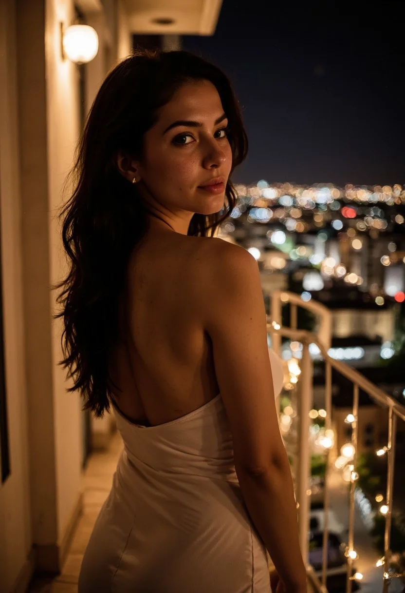 Ultra realistic iphone photo of lunai :
A stunning ultra-realistic image of a woman with black, wavy hair and olive-green eyes, posed elegantly on the balcony of luxury, bathed in warm golden light. The night air is thick with heat as she gazes out at the city skyline, her features illuminated by the soft glow of candles or string lights.