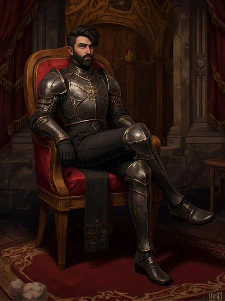 <lora:ck-LttleGhost-000011.safetensors:1> in the style of ck-lttlegh0stSeated figure with dark beard and ornate armor in a luxurious red velvet chair, set amidst opulent stone walls and wooden flooring with ornate tapestries and rugs. Highly detailed digital art style with polished textures and intricate etchings on the armor, fine materials used for clothing.
