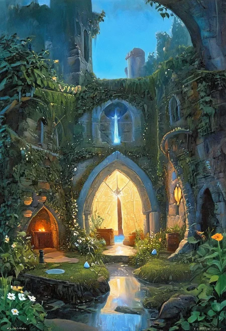 Concept: A sorcerer tends a magical garden where plants evolve rapidly. The garden symbolizes natural selection, with different plant species and magical eggs representing the various stages of evolution.
Fantasy Trope: A mystical garden guarded by a powerful sorcerer, reflecting the biological process of evolution.
nest, eggs, big eggs, lush, overgrown, flowers, trees, roots, insects, dragonfly, butterfly, fairy, fairies, fantasy garden, d&d, fantasy, book cover, oil painting, 70s, 80s, conan the barbarian, secret garden, castle, ruins, ancient, mystic, frazetta, easley, magician, wizard, sorcerer, knight, sword, rust, robe, hood, beard facial hair, man, old, old man, bearded