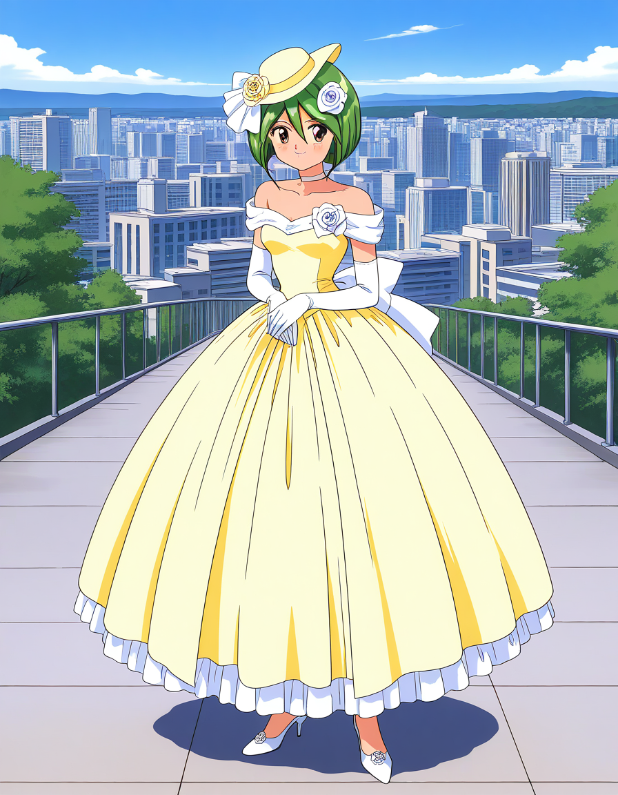 general,highres, ultra-detailed,very aesthetic,best quality ,best hands,  BREAK <lora:Tamano_Hinagiku_IS:1> Tamano_Hinagiku, 1girl,solo, green hair, short hair, brown eyes, hair between eyes, 1990s (style),anime coloring, smile,
wedding dress, high heels, gloves, elbow gloves, 
hat, hair flower, full body, bow, bob cut, shoes, choker, white footwear, yellow dress, smile, standing, hair ornament,
white gloves, frills, bare shoulders, 
city, outdoor, day, sky,