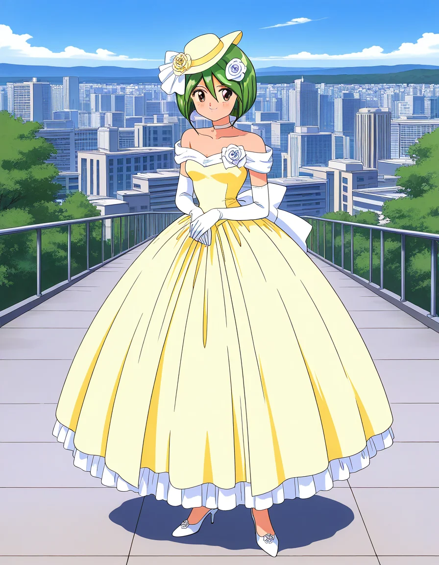 general,highres, ultra-detailed,very aesthetic,best quality ,best hands, BREAK <lora:Tamano_Hinagiku_IS:1> Tamano_Hinagiku, 1girl,solo, green hair, short hair, brown eyes, hair between eyes, 1990s (style),anime coloring, smile,
wedding dress, high heels, gloves, elbow gloves,
hat, hair flower, full body, bow, bob cut, shoes, choker, white footwear, yellow dress, smile, standing, hair ornament,
white gloves, frills, bare shoulders,
city, outdoor, day, sky,