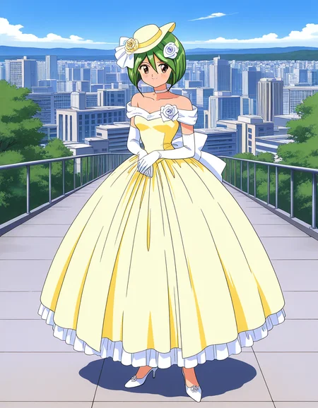general,highres, ultra-detailed,very aesthetic,best quality ,best hands, BREAK <lora:Tamano_Hinagiku_IS:1> Tamano_Hinagiku, 1girl,solo, green hair, short hair, brown eyes, hair between eyes, 1990s (style),anime coloring, smile,
wedding dress, high heels, gloves, elbow gloves,
hat, hair flower, full body, bow, bob cut, shoes, choker, white footwear, yellow dress, smile, standing, hair ornament,
white gloves, frills, bare shoulders,
city, outdoor, day, sky,