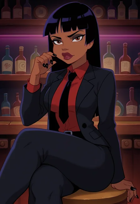 score_9, score_8_up, score_7_up, score_6_up, BREAK goth chel,official art, 1girl, dark skin, black hair, solo,maroon lips, brown eyes, blunt bangs, sitting, black suit, black jacket, black pants, black necktie,maroon collared shirt, bar, shelf, purple neon lights,night,contrapposto,medium breasts,long necktie,crossed legs, purple lights,long sleeves,open jacket, closed mouth,serious, expressionless,black shirt , maroon shirt,black nails, <lora:ChelPony:1>