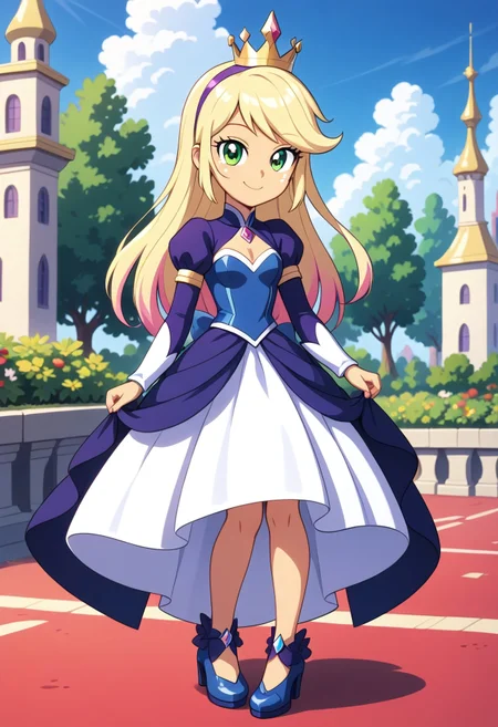 score_9, score_8_up, score_7_up, score_6_up, from My Little Pony Equestria Girls, a very young little human girl Applejack wearing a fit blue|sky|green|brown|darkpurple|red|yellow gradients colors short princess dress, elegant detailed princess shoes, solo, 1girl, little princess girl, gradient golden blond hair with crown hairband, smile, childhood, looking at viewer, glow detailed eyes, garden of canterlot, tul, chiffon, laces, semi realistic cartoon, unreal engine 5, full body close-up, absurdres, digital art, soft light, perfect hands, perfect, hands, perfection, soft orange skin, green eyes, apples accesories and shoes, jewelery, tres chic,<lora:age_slider_v4:-4>,