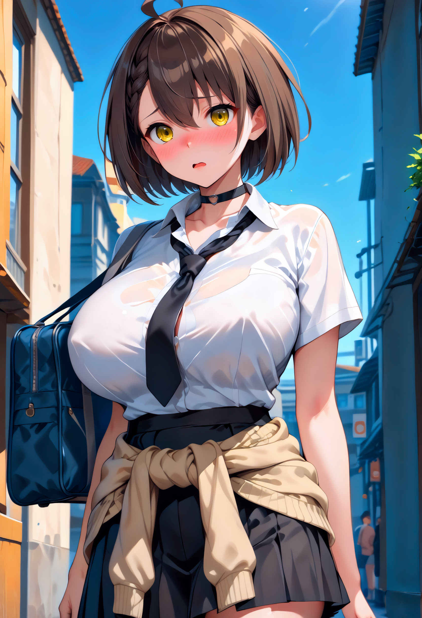 Score_9, score_8_up, score_7_up,  source_anime, (anime:1.2),  uncensored, zPDXL3, detailxl, (ffacedetailxl:0.5), neolight, very absurdres, raytracing, glistening shiny, Soft illumination, global illuminations, detailed face, detailed eyes, detailed, pretty face,
BREAK <lora:azur-lane-baltimore-ponyxl-lora-nochekaiser:0.7> baltimore, brown hair, yellow eyes, braid, ahoge, short hair, french braid, hair between eyes, bob cut, huge breasts, baltimore, brown hair, yellow eyes, braid, ahoge, short hair, french braid, hair between eyes, bob cut, huge breasts, beige cardigan, beige sweater, black choker, black necktie, black skirt, cardigan, cardigan around waist, choker, clothes around waist, collared shirt, loose necktie, necktie, official alternate costume, school bag, shirt, shirt tucked in, short sleeves, skirt, sweater, sweater around waist, tied sweater, white shirt,
BREAK  1girl,solo, (shy:1.5),(full-face blush,blush:1.1),Cute moaning, (Add layer:1.3), broad vision, magnificent panorama view,overlooking, (cowboy shot:1.4),, (standing:1.3), ()<lora:[SDXL 1.0] !action-sdxl-V0.5:0.8> zdyna_pose, dynamic pose,,, (covered nipples:1), (erect nipples under clothing:1), outdoors,night, nature forest background,
<lora:hand 5.5:1> <lora:pubic hair_pony_V1.0:0.5> <lora:vivid_everclear:0.3> <lora:light:0.3> <lora:3Danimation_Disney_1.0:0.6> <lora:Fant5yP0ny:0.3> <lora:HDA_Detailer:0.5> <lora:colorful_sdxl_v2_lbw:1>