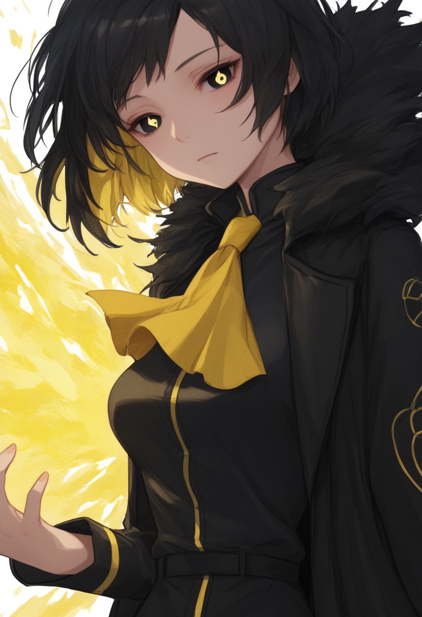 BREAK, 
(score_9, score_8_up, score_7_up, score_6_up, score_5_up, score_4_up), colored image, 
BREAK, 
BinahPM, multicolored hair, black hair, yellow hair, black eyes, short hair, BinahLOR, black dress, yellow ascot, black pants, black footwear, black coat, open coat, fur trim, medium breasts, EyesHD,
BREAK,
((solo, woman, one character)), close view, face view, beautiful eyes, plain black pupils, stars in pupils, warm yellow glow, detailed face,