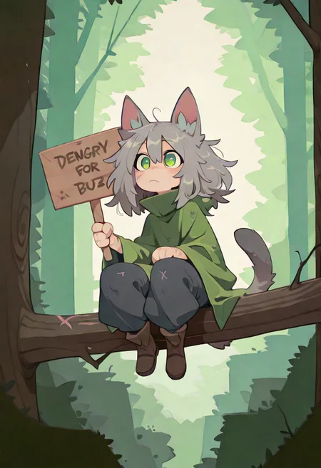 Female. Demihuman cat. Catgirl. Gray tabby hair and fur. Green eyes. Petite. Cute. Cat ears and tail. Long messy hair. Scars on body. green cloak. Forest background, (crounched and sneaking), on alert, sitting on a tree branch, pants, (holding sign saying "Hungry for BUZZ")