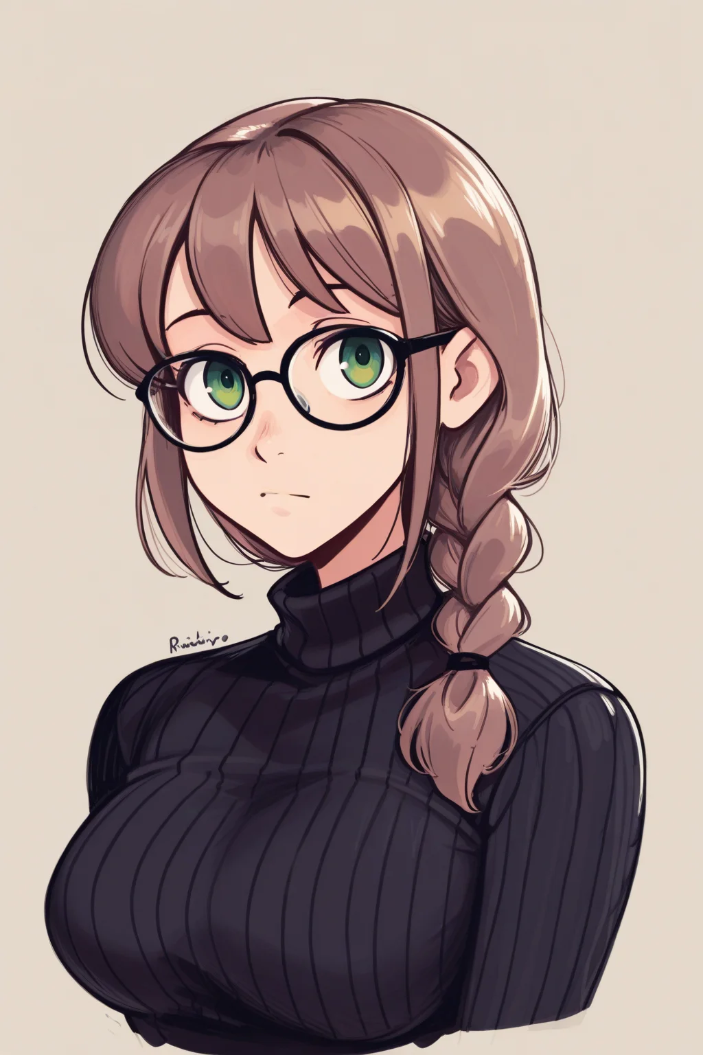 {{masterpiece,best quality,amazing quality}},
BREAK
1girl, solo, portrait, upper body, looking at viewer, simple background, brown hair, single braid, bangs, black glasses, green eyes, black sweater, turtleneck, ribbed sweater, large breasts, expressionless
<lora:Raichiyo33_Style:1>