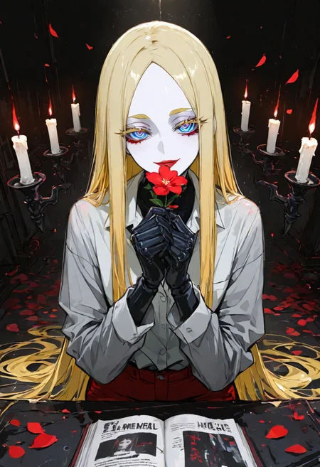masterpiece, best quality, good quality, very awa, very aesthetic, absurdres, newest, candlelight, Cinematic Lighting, shiny hair, clear skin, ultra-detailed-eyes, detailed background, cute girl, solo, dynamic pose, eyelashes, erotic, petals falling, BREAK (sexy, slutty, hot, aroused), flirting:1.8, Automaton, colored skin, robot girl, robot joints, very long hair, blonde hair, blue eyes, ringed eyes, black_metal_skin, Automaton body vaguely reminiscent of the cyborg style from 'Blame!'.
gray sleeves loose office shirt, red_hotpants,
Her human head, with pale skin, looks directly at the viewer, expressing slutty. Striking makeup, and red lipstick enhance her appearance. Thick blonde eyebrows and eyelashes frame her eyes.
she holding flowers, cyberpunk cafe background,
A bold, high-contrast noir-style illustration,
the style is reminiscent of a comic book or graphic novel, with bold lines and a glossy,
glitch, xxx667_illu, glowing,