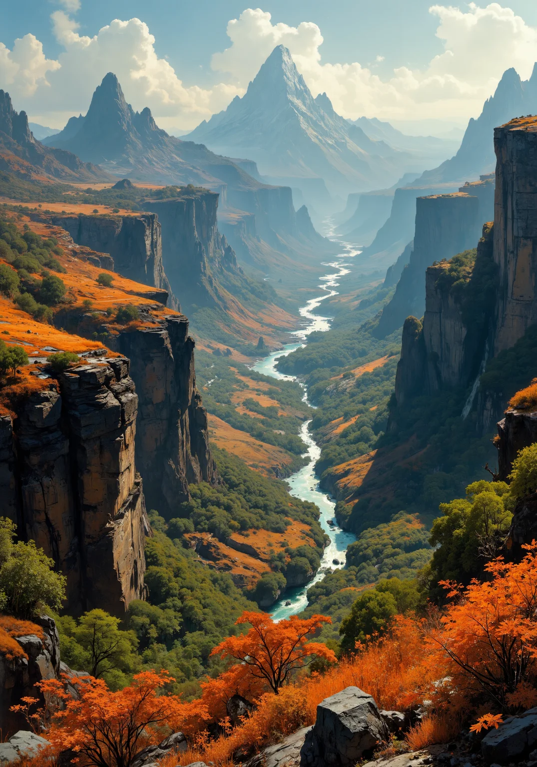 Sweeping aerial view, a vast panorama combining rugged mountain ranges, expansive arid dunes, and dense ancient forests. Intricate natural textures, rich layering of rocky outcrops, soft dew on lush foliage, winding rivers shimmering under bright, crisp lighting. Close-up details of weathered bark, delicate petals, organic gradients of emerald and burnt gold, dynamic tracking of gentle valley curves, subtle interplay of shadows and warm sunlight. Low-angle perspectives capturing towering coastal cliffs meeting hidden inlets, vivid color palette, natural gradients, spatial composition, 8k, masterpiece, intricately detailed, hyper-real textures, vibrant biomes, atmospheric serenity, dynamic interplay of natural elements. <lora:reedy-art-style:0.4> <lora:RM_Artistify_v1.0M:0.3> <lora:artisketchyfs-v02:0.8> <lora:RM_Animefy_v1.0M:0.2> <lora:flux_dev:1>