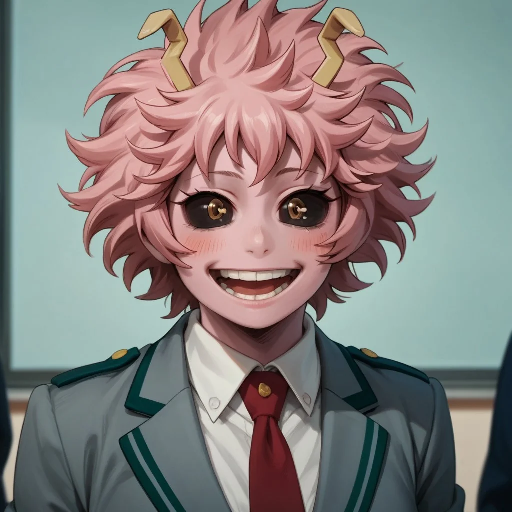 score_9, score_8_up, score_7_up, score_6_up, score_5_up, score_4_up, 1girl, MinaHero, school uniform, excited, pink skin, pink hair, black sclera