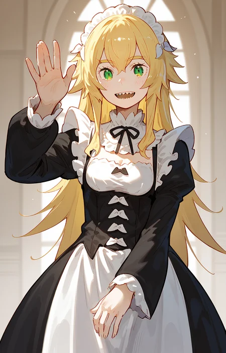<lora:Frederica_Baumann_ReZero:1>, blonde hair, long hair, green eyes, frederica, 1girl, solo, sharp teeth, hands, waving, smile, maid outfit