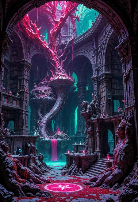 Concept artwork showing small phials containing a bioluminescent liquid floating above an arcane symbol on the bloodsoaked ground. Set in a surreal library, creating an otherworldly atmosphere, further strengthened by volumetric light; epic, very aesthetic, perfect lighting