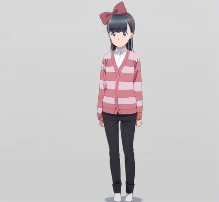 masterpiece, best quality, score_9,
<lora:Hitomi_hinamatsuri_v11:1>,hitomi_il, 1girl, solo, brown_hair, bangs, hair_between_eyes, brown_eyes, hair_ribbon, long_hair, pink_striped_cardigan, buttoned_cardigan, white_top, black_pants, white_socks, full body, standing. clean background
