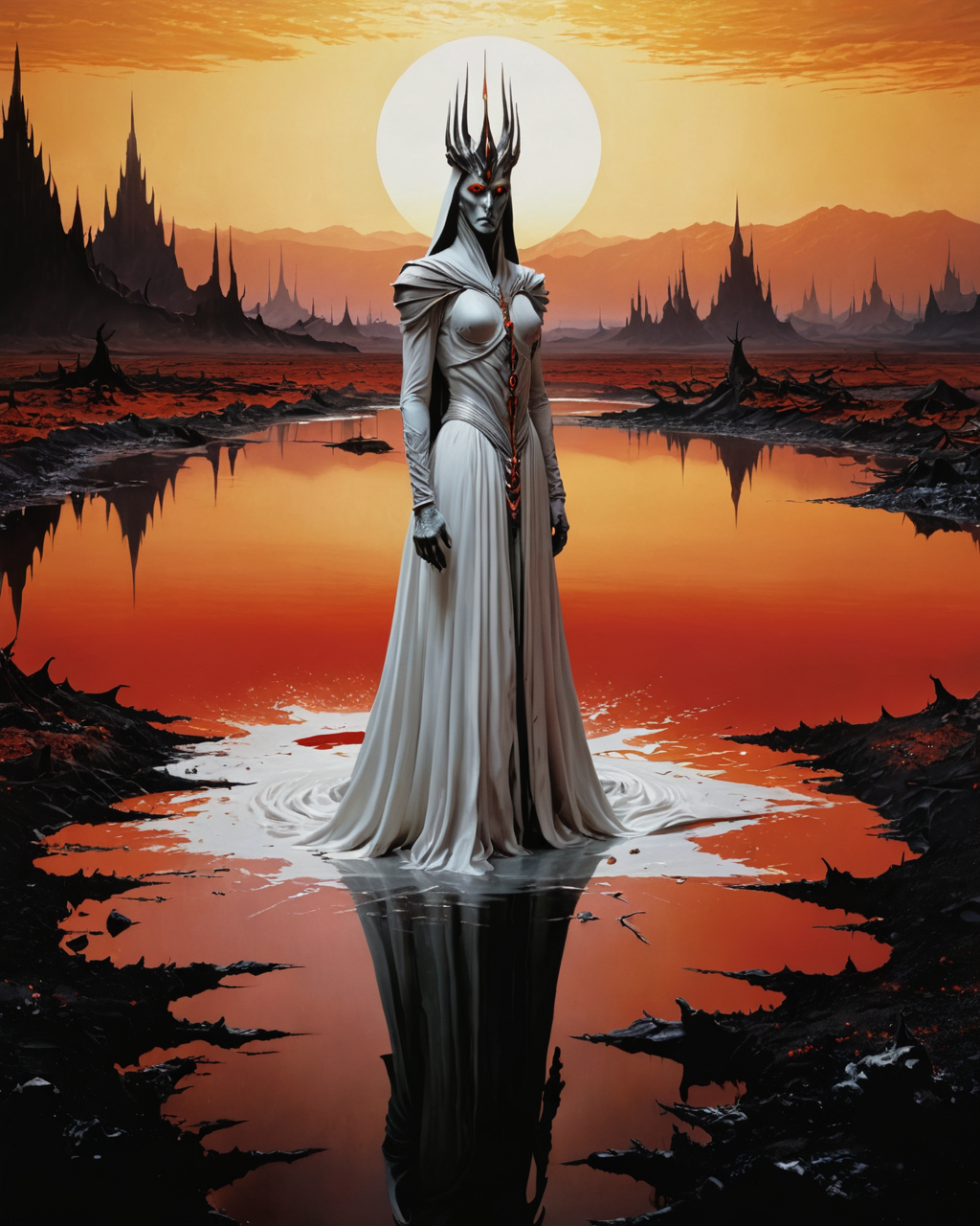 (Sauron clad in white:1.9), water, reflections, transparency, provoking, vivid color, Mordor: A dark and evil land, horror, Ernst Haas, blood red, golden hour, <lora:add-detail-xl:1>, <lora:xl_more_art-full_v1:0.8> <lora:artiangel:1.8> artiangel