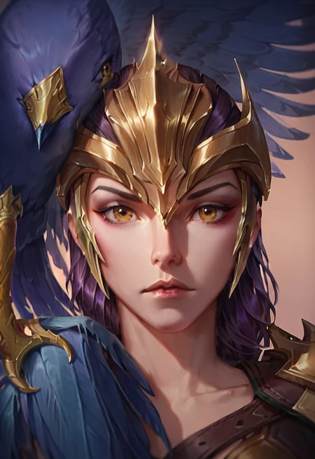 score_9, score_8_up, beautiful, gorgeous, pretty, perfect, masterpiece, high detail, (1 girl:2), (detailed face:1.8), (face focus:1.5), (zoom in:1.4), league of legends, league_of_legends, Quinn, golden eyes, brown hair, dark purple hair, golden helmet, leather armor, golden shoulder, crossbow, (hawk on shoulder:1.8) <lora:Classic_Quinn_PonyXL_LoL:0.8>