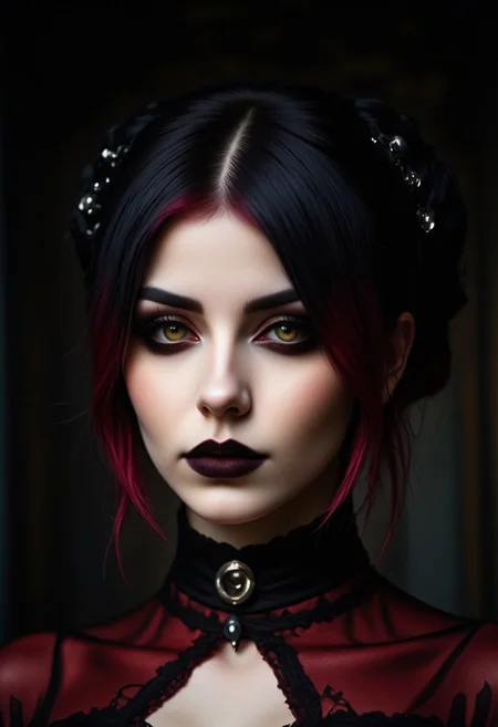 masterpiece, high detail, ArsMJStyle, dnddarkestfantasy, masterpiece, closeup portrait of sexy, erotic, korean vampire woman, dark hair with red highlights, bangs, tiara, dark eyeshadow, red lips, make-up, yellow cat eyes, red lips, red lacy see-through, gauzy dress, lustful, fangs, dark background. highest definition, HD32K, wallpaper, hyperdetailed, concept art, extreme closeup