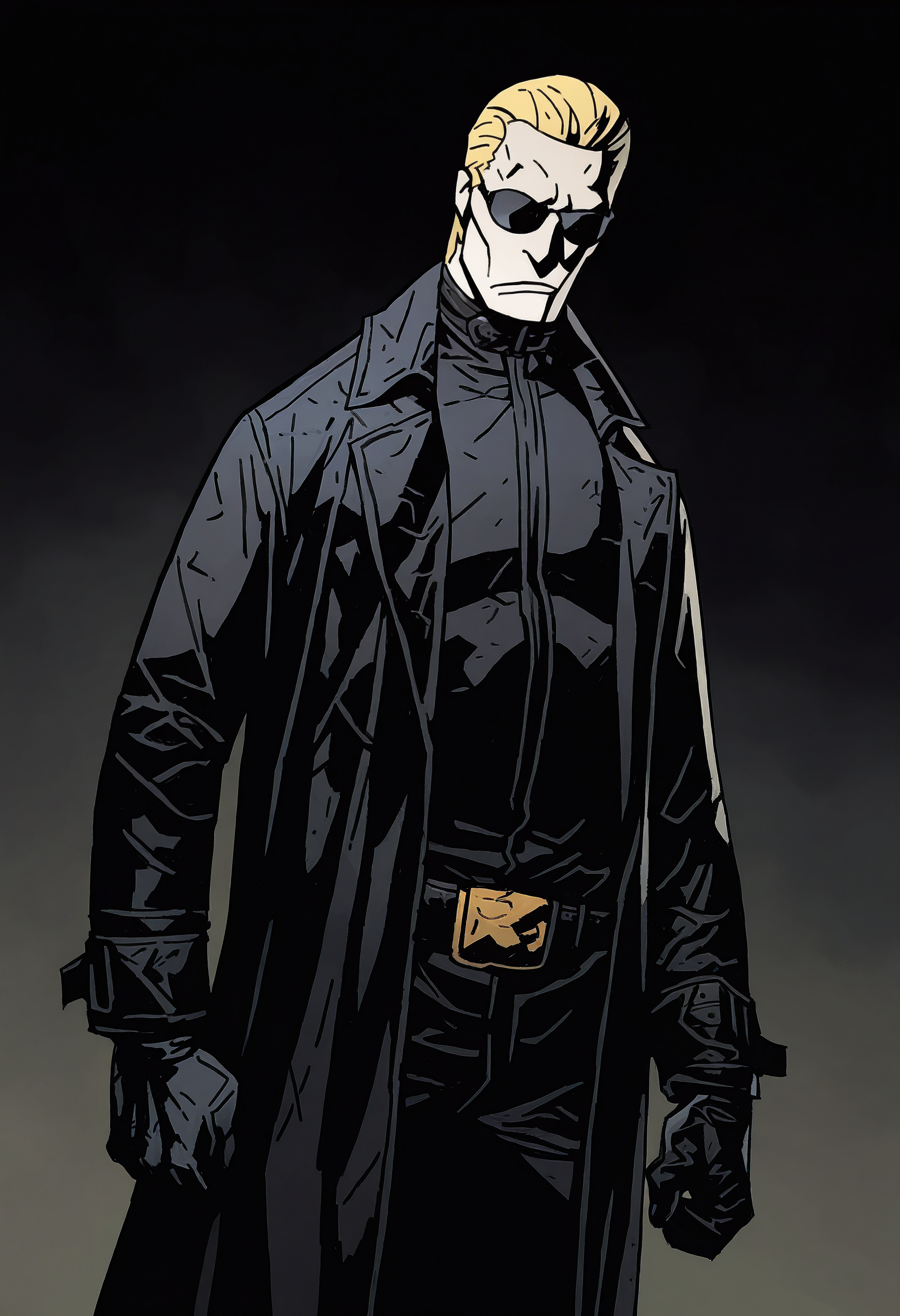 1boy, solo, dark background, lounging, dutch angle, shaded face, 
masterpiece, best quality, <lora:Mike_Mignola-guy90-Illust-Lycorisv1:1> alomik
 <lora:albertwesker-guy90-Illust-Lorav1:0.6> albker, sunglasses, black gloves, blonde hair, short hair, slicked back, black coat, belt, black pants, long coat