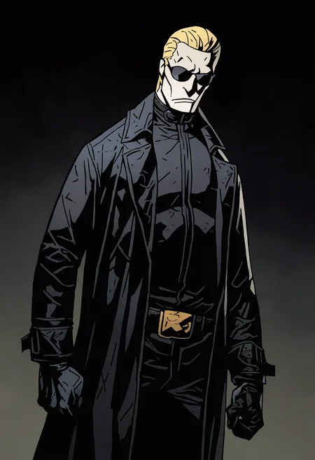 1boy, solo, dark background, lounging, dutch angle, shaded face, 
masterpiece, best quality, <lora:Mike_Mignola-guy90-Illust-Lycorisv1:1> alomik
 <lora:albertwesker-guy90-Illust-Lorav1:0.6> albker, sunglasses, black gloves, blonde hair, short hair, slicked back, black coat, belt, black pants, long coat