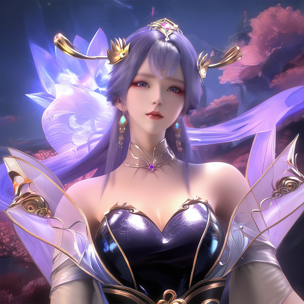 tianqiong,score_9,score_8,score_7_up,source_real,<lora:ponytianqiong3v:1>,looking at viewer,night,black dress with gold accents,white sleeves,transparent high neckline with a purple gemstone in the center,