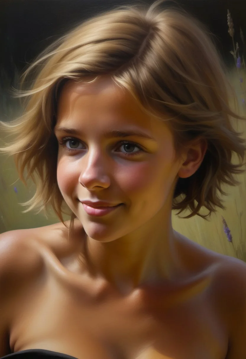 (((classical oil painting))), (side view), (((short cute moody Dutch girl wearing scruffy strapless summer clothes))), short straight dark-ginger/dark-blonde textured side-swept emo-cut hair, ((grin)), (((looking down))), (((huge breasts))), (((snub-nose))), (((dimples))), ((dark eyes)), (((underboob))), ((off-shoulder)), (((tanned skin))), (((candid))), (((turning))), (((deserted dark English village))), distant small quaint church, (((evening))), Intricate textures, (high detailed skin:1.7),
