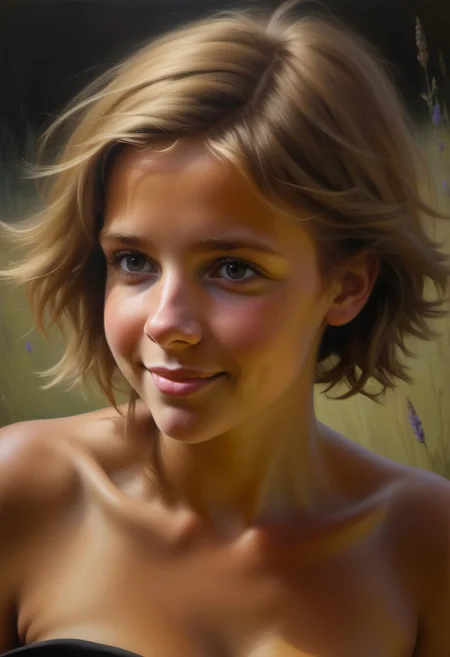 (((classical oil painting))), (side view), (((short cute moody Dutch girl wearing scruffy strapless summer clothes))), short straight dark-ginger/dark-blonde textured side-swept emo-cut hair, ((grin)), (((looking down))), (((huge breasts))), (((snub-nose))), (((dimples))), ((dark eyes)), (((underboob))), ((off-shoulder)), (((tanned skin))), (((candid))), (((turning))), (((deserted dark English village))), distant small quaint church, (((evening))), Intricate textures, (high detailed skin:1.7),