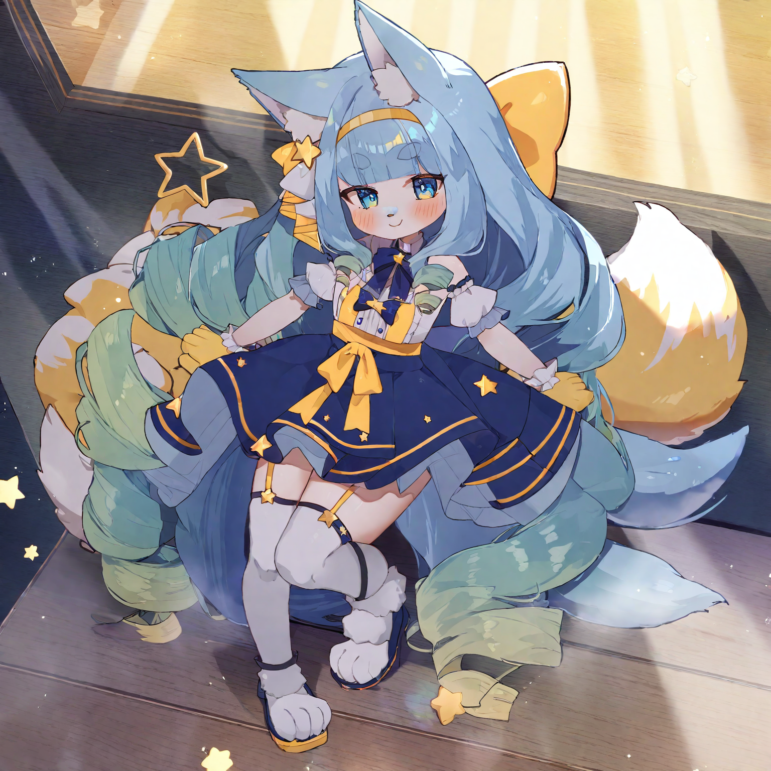 by tukumi bis, jelly hoshiumi, 1girl, 2D anime, solo, blush, smile, blue eyes, very long hair, blue hair, small breasts, drill hair, blunt bangs, green hair, star (symbol), gradient hair, short antennae with stars on the ends, yellow bow, star hair ornament, yellow hairband, hair ornament BREAK
(full body), (furry, blue fur, fox tail, fox ears, kitsune:1.5), (best quality) <lora:Jelly_Hoshiumi_XL:1>