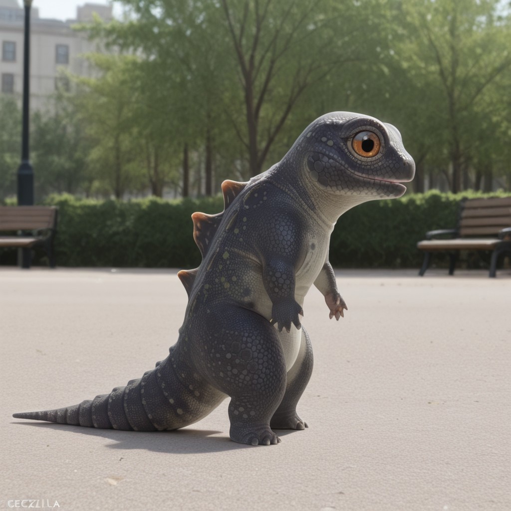 masterpiece, best quality, amazing quality, Geckzilla, feral, gecko, male, grey skin, orange eyes, tail,  in a park