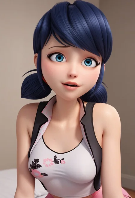 , score_9, score_8_up, score_7_up, score_6_up, score_5_up, score_4_up, 1girl, marinette dupain-cheng, Marinette from miraculous ladybug,breasts, blue eyes, breasts, medium breasts, source_cartoon, 2D, Marinette from miraculous ladybug, marinette dupain-cheng, blue hair, two ponytails, face, detailed eyes, bright blue eyes, (petite body), (athletic tummy:0.8), (huge breast:0.8), giant boobs, crop top, facing viewer, bent forward, short skirt,
(sexy pose:1.4), (teasing:1.4),
1girl, solo, erotic aesthetics, unique angle, detailed background, semi realistic, source_cartoon, modern