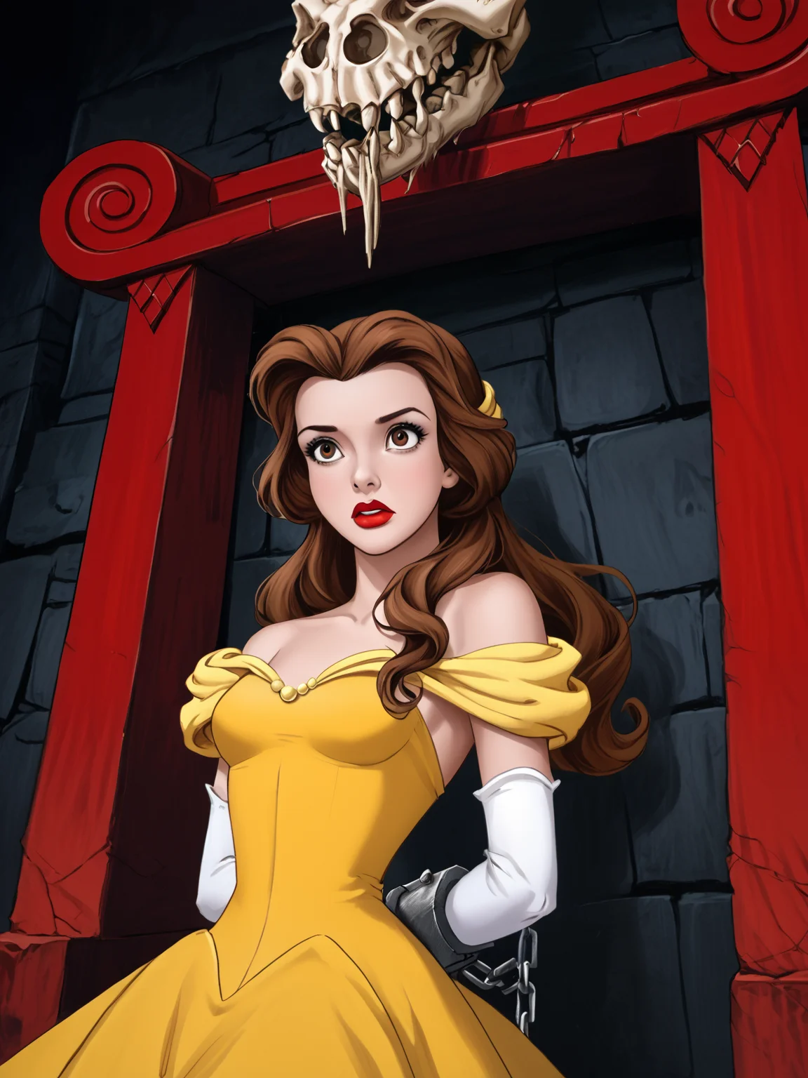 score_9, score_8_up, score_7_up, sourse_anime, <lora:10_motu_slime_pit:1> sl1m3 p1t, red pillars, dino bone, chained arms, restrained, 1girl, solo, <lora:belle:1> belle, brown hair, long hair, brown eyes, dress, lipstick, makeup, jewelry, bare shoulders, breasts, yellow dress, yellow elbow gloves, dutch angle, upper body