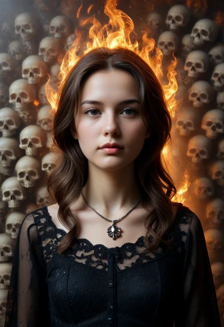 1girl, black dress, no pattern dress, Hd, high quality, ultra realistic, detailed, slimes_skullwm, made of skulls, flaming skull background, light smile, PG, no teeth, portrait, looking afar, stoic, brunette, beautiful, necklace,