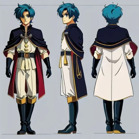 anime, 1man, man blue spike hair, short hair, red eyes, man mage, brown cloak, medieval fantasy, green boots, long gloves, retro anime, retro style, 1980s \(style\), dungeons and dragon, dark fantasy, simples background, model sheet, character design, chara-sheet