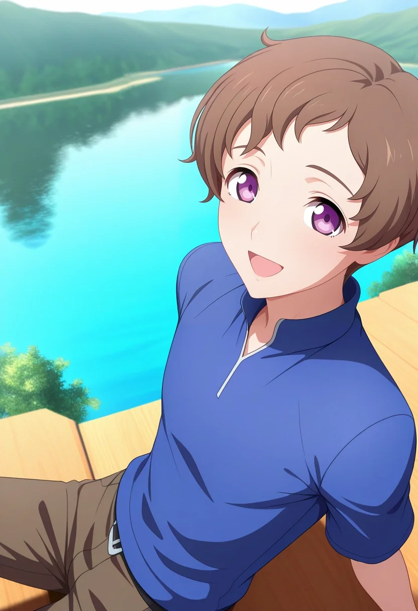 masterpiece, best quality, , (3d:0.4),, 1boy, solo, male focus, <lora:rolo_lamperouge_ilxl:0.9>, rolo_lamperouge, brown hair, purple eyes, short hair, aged up, , from above, lake, day, sunny, leaning back, :D,