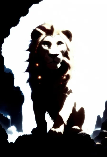 masterpiece, best quality, good quality, very awa, newest, highres, absurdres, ,score_9, score_8_up, score_7_up, Majestic lion, golden mane, standing on a rock, sunset light casting a warm glow
