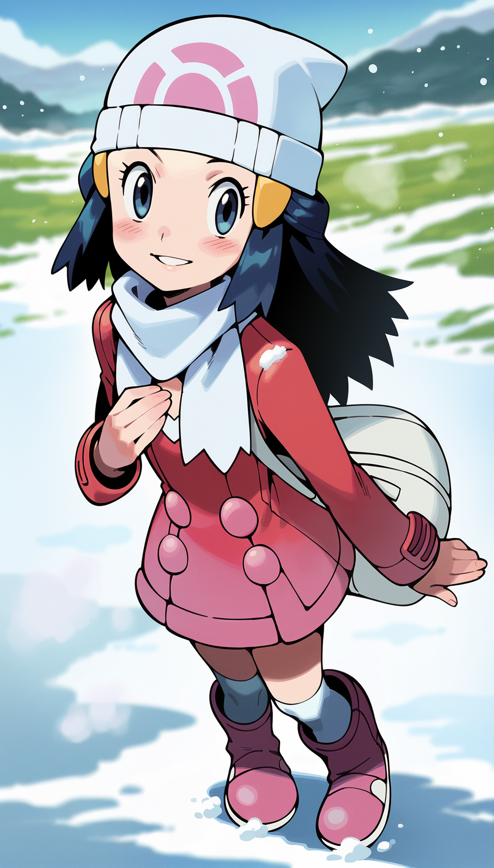 score_9,score_8_up,score_7_up,
highres,highly detailed,
<lora:hikaridawn:0.8>,
hikaridawn,
1girl,solo,
navy blue hair,long hair,
looking at viewer,smile,parted lips,(steam:1.2),blush,
white beanie,pink hair clips,red overcoat,white scarf,white shoulder bag,
white kneehighs,light pink boots,
(from above:1.1),looking up,hand on chest,face focus,perspective,
blurry background,vignetting,outdoors,snowfield,snow,winter,footprints,light particles,(snowing:1.2),mist,fog,wind,(snow trail:1.1),blizzard,