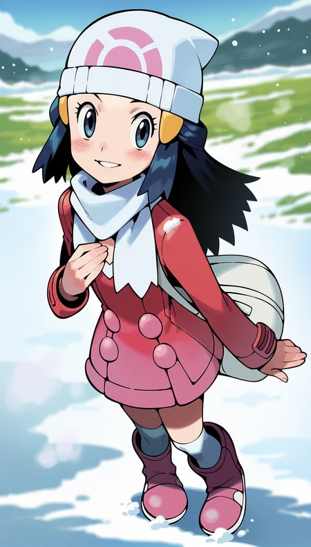 score_9,score_8_up,score_7_up,
highres,highly detailed,
<lora:hikaridawn:0.8>,
hikaridawn,
1girl,solo,
navy blue hair,long hair,
looking at viewer,smile,parted lips,(steam:1.2),blush,
white beanie,pink hair clips,red overcoat,white scarf,white shoulder bag,
white kneehighs,light pink boots,
(from above:1.1),looking up,hand on chest,face focus,perspective,
blurry background,vignetting,outdoors,snowfield,snow,winter,footprints,light particles,(snowing:1.2),mist,fog,wind,(snow trail:1.1),blizzard,