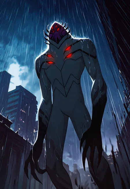 masterpiece, best quality, amazing quality, very aesthetic, absurdres, newest,, detailed background,
highbreed, extra eyes, solo, alien, white skin, purple face, , monster, red eyes, black hands, , claws, black head spikes, white body,
night time, above building, looking from, from below, horror scene, sky, raining, glowing eyes, heavy rain, horror scene, cinematic,