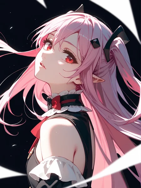 (score_9, score_8_up, score_7_up:1.1), 1girl, closeup face, portrait, two side up, pink hair, red eyes, pointy ears, hair ornament, detached sleeves, detached collar, black dress, black skirt, waist cape, bowtie, plain black background, (shaft head tilt:0.9) <lora:Krul Tepes2:0.9> <lora:shaft_head_tilt-PD-1.0-all:0.9>