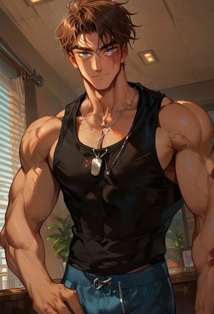 Gay, score_9,score_8_up,score_7_up, solo 1boy, human, bara, muscular, brown hair, blue eyes, scar on face, dark-skinned male, dog tag, indoors, dynamic angle, close up, bulge, sweatpants, grey sweatpants, black tank top,, Expressiveh,