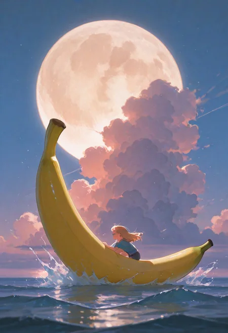 masterpiece, best quality, (anime coloring:1.2), dynamic lighting, volumetric lighting, dim light, soft light, usnr, artist:moriimee, cartoon style,
1girl, banana boat, sailing, ocean waves, side view, playful adventure, sunny day, cheerful expression, oversized banana, creative vehicle, splashing water, distant horizon, fluffy clouds, vibrant colors, whimsical style, childlike wonder, sea foam details, nighttime, large moon background, stars, light reflections, side view,
high detail, sharp shading, centered composition, soft shadowssoft shadows