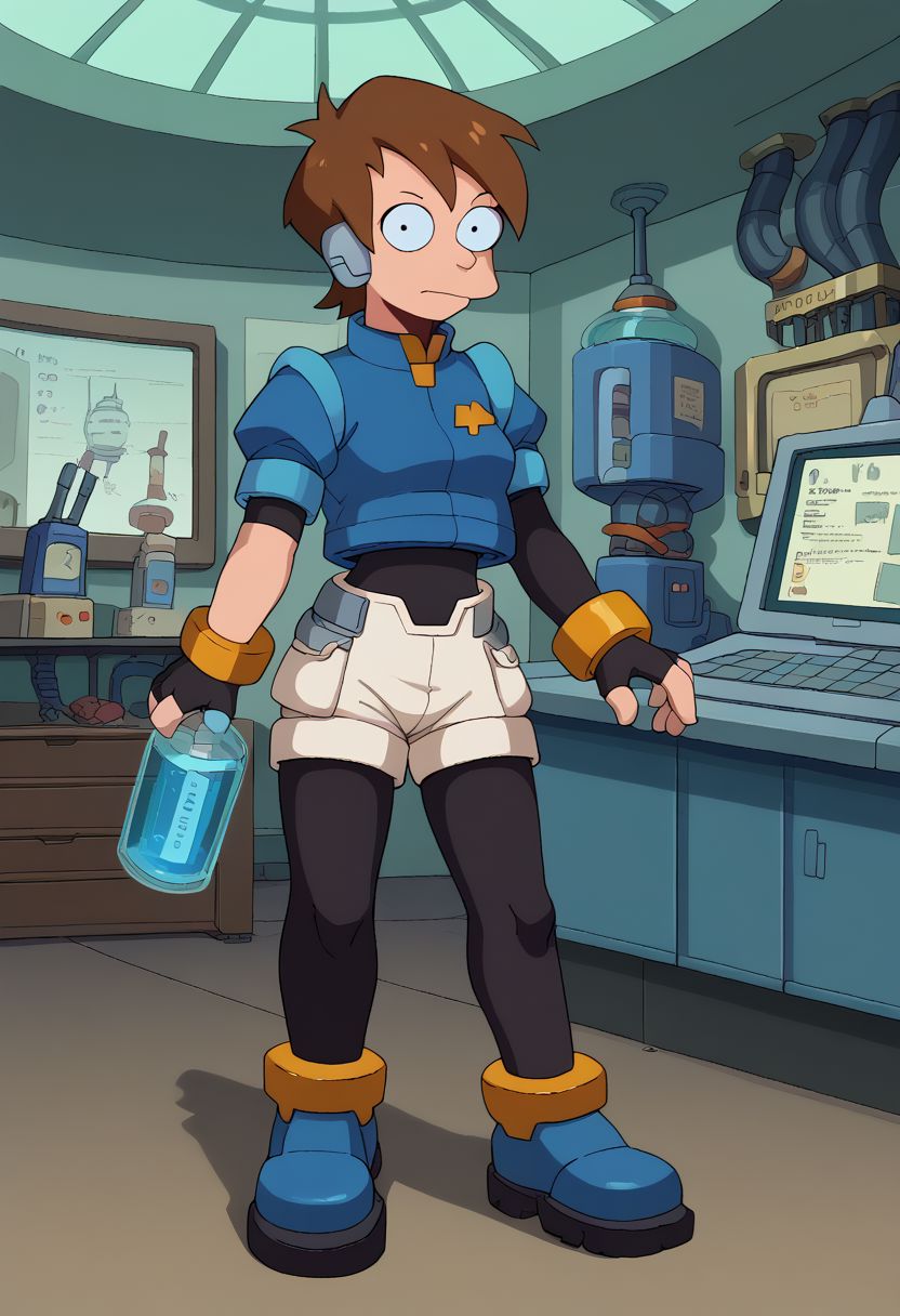 score_9, score_8_up, score_7_up, english text, 1girl, small breasts, brown hair, short hair,  circle eyes, dot pupil, overbite, robot ears, black bodysuit, fingerless gloves, blue Cropped Jacket, cropped jacket, short sleeves, bracelet, shorts, anklet, shoes, blue footgear, looking at viewer, standing, source_cartoon, futuramastyle, indoors, laboratory, black pantyhose