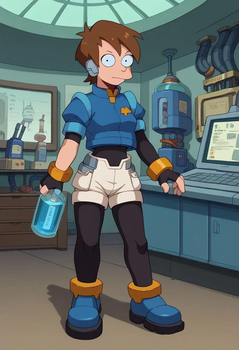 score_9, score_8_up, score_7_up, english text, 1girl, small breasts, brown hair, short hair, circle eyes, dot pupil, overbite, robot ears, black bodysuit, fingerless gloves, blue Cropped Jacket, cropped jacket, short sleeves, bracelet, shorts, anklet, shoes, blue footgear, looking at viewer, standing, source_cartoon, futuramastyle, indoors, laboratory, black pantyhose