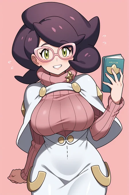 score_9, score_8_up, score_7_up, source anime, anime, animification, anime screencap, anime coloring, vivid colors, shiny skin, skindentation, deep skin, depth of field, high quality, highres, (dynamic angle,dynamic pose)
wicke \(pokemon\), 1girl, solo, looking at viewer, blush, short hair, skirt, large breasts, long sleeves, holding, green eyes, purple hair, pantyhose, glasses, teeth, hand up, star (symbol), sweater, book, capelet, turtleneck, flying sweatdrops, pink background, white skirt, ribbed sweater, holding book, turtleneck sweater, big hair, pink sweater, pink-framed eyewear
BREAK
masterpiece,high quality
<lora:Wicke_PokemonPony:0.9>