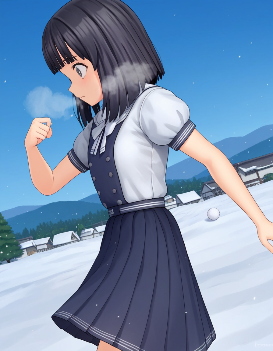 score_9, score_8_up, score_7_up, source_anime, <lora:rinze-himenogi-ingame-ponyxl-lora-nochekaiser:1>, rinze himenogi, bangs, black hair, blunt bangs, black eyes, 3d, skirt, dress, school uniform, short sleeves, puffy sleeves, black dress,, snow day, winter clothes, snowball fight, laughter, cold breath, white landscape, , , from side, solo,, dutch angle,
