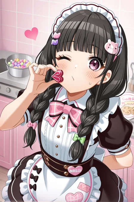 masterpiece, best quality, amazing quality,
 <lora:Michiru_IL:1> michiru, 1girl, food, twin braids, solo, apron, braid, one eye closed, black hair, candy, maid headdress, frills, bow, heart, bangs, holding food, dress, hair ornament, maid, long hair, maid apron, looking at viewer, short sleeves, purple eyes, holding, frilled apron