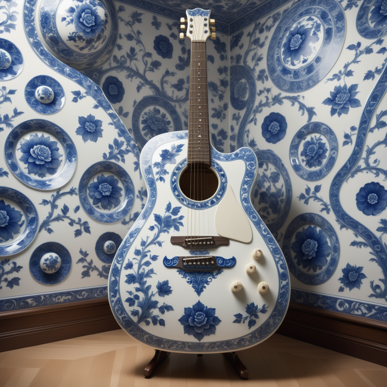 a Guitar made out of Bluepatternporcelain in a music room,  <lora:BluePatternPorcelainStyle:0.7>